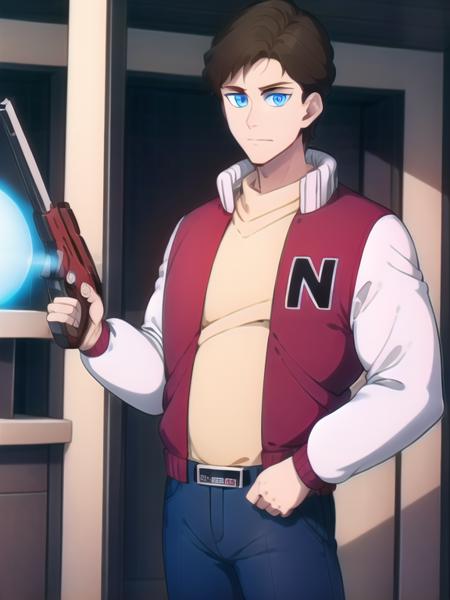 07101-1802698148-Captain N, brown hair, blue eyes, letterman jacket, belt, pants, holding weapon, holding gun, energy gun.png